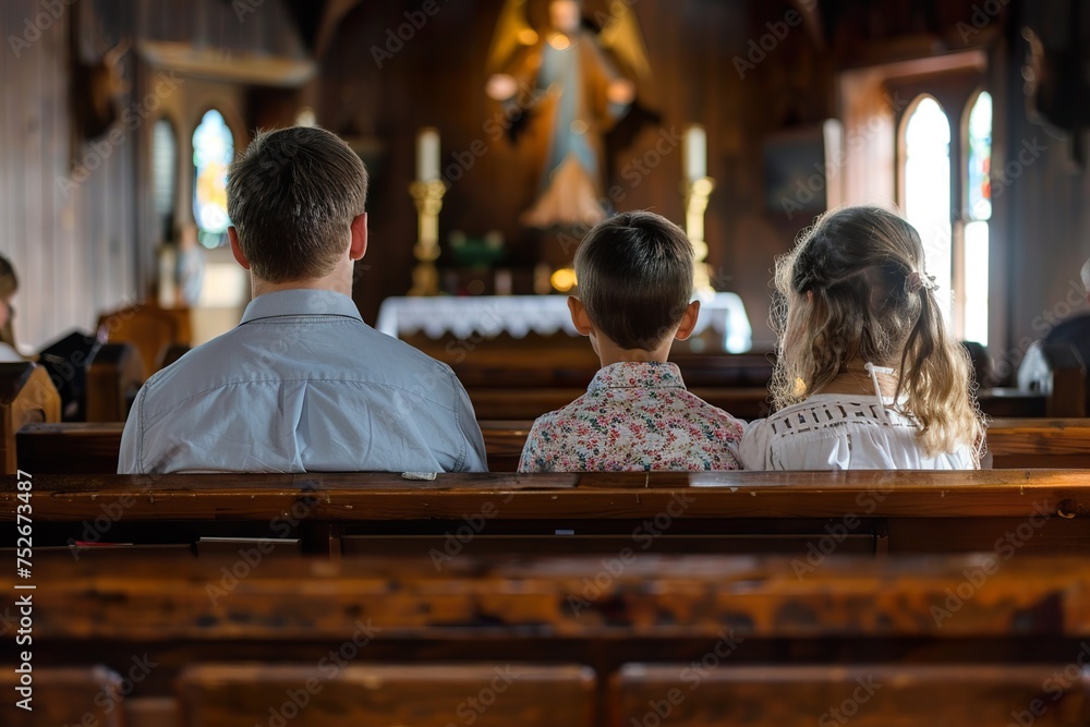 Family sitting on the bench in small church and praying Family sitting on the bench in small church and praying