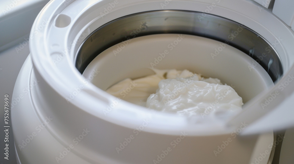 A peek inside the yogurt maker revealing the water reservoir used to create the ideal temperature for fermentation. A peek inside the yogurt maker revealing the water reservoir used to create the ideal temperature for fermentation.