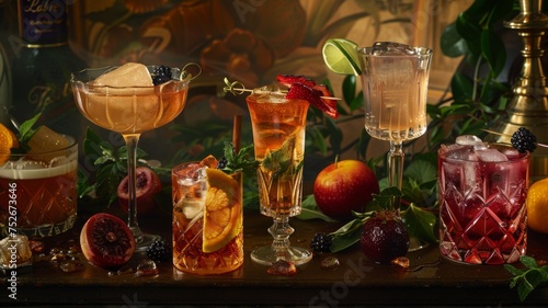 Assorted cocktails on a dark backdrop - A vibrant display of various cocktails with fresh garnishments, set against a dark, moody background with a hint of rustic elegance photo