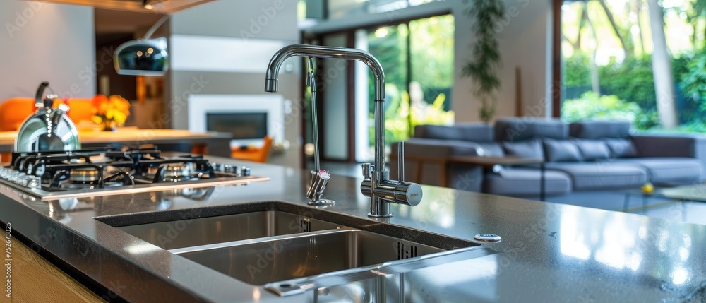 Sink on countertop besides stove burners below rangehood with view of living room furniture in spacious modern apartment
