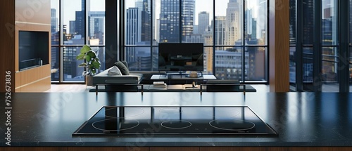 Sink on countertop besides stove burners below rangehood with view of living room furniture in spacious modern apartment