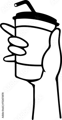 Vector illustration of hands holding coffee cup, to go, take away, outline strokes isolated elements.