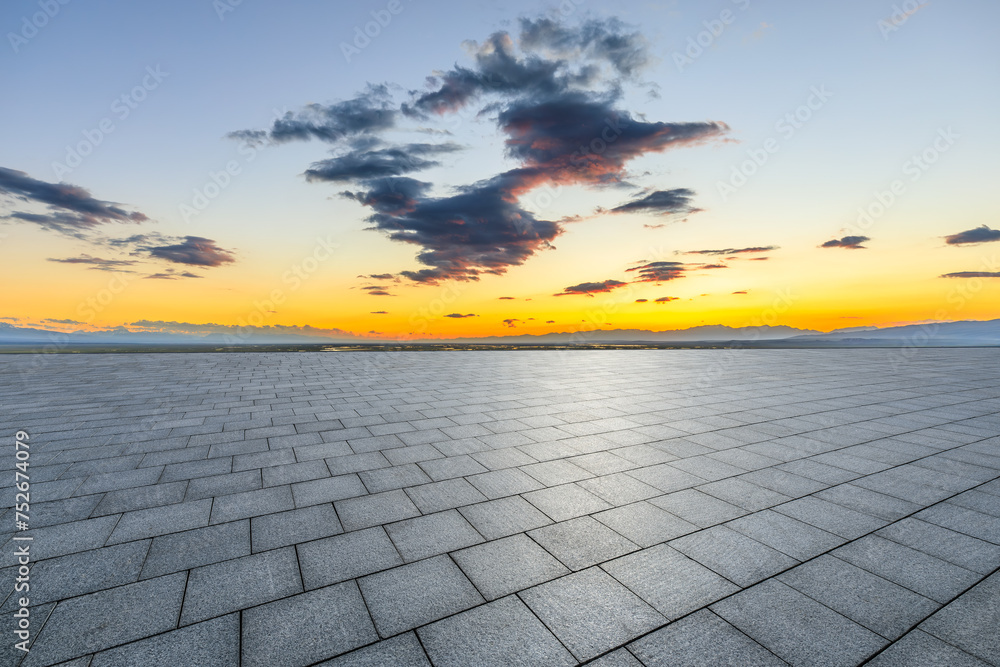 Empty square floors with colorful sky clouds at dusk