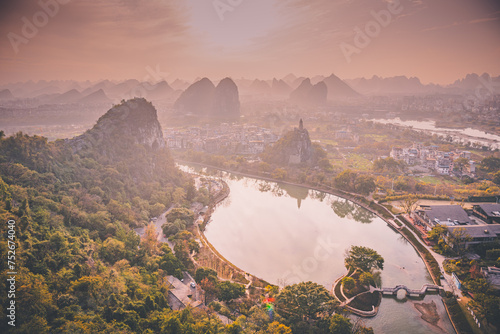 Aerial view of Lijiang River Scenic Area in Guilin, China.