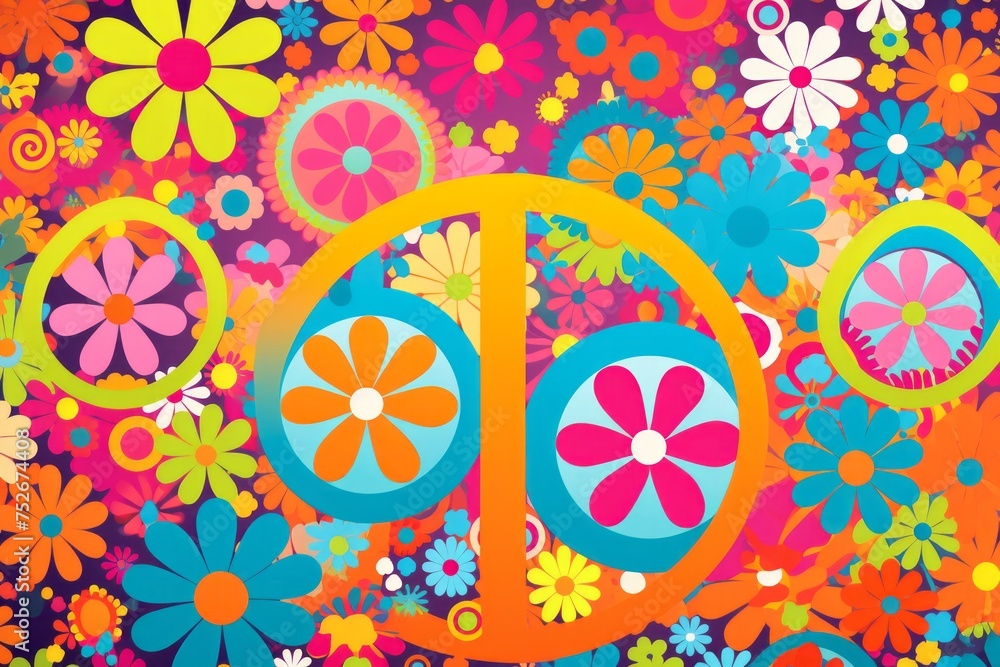 Channel the flower power of the 70s in a groovy background, featuring vibrant florals, peace symbols, and retro typography, Generative AI