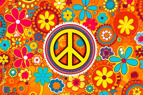 A funky and free-spirited 70s background, filled with groovy patterns, peace signs, and a kaleidoscope of vibrant colors, Generative AI