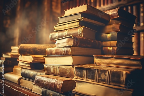 A stack of old books on table against background of bookshelf in library. Ancient books as a symbol of knowledge, history, memory and information. Conceptual background on education, literature topics photo