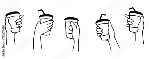 Vector illustration of hands holding coffee cup, to go, take away, outline strokes isolated elements.