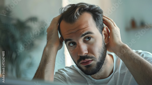 Man checking his receding hairline in the mirror at home. photo