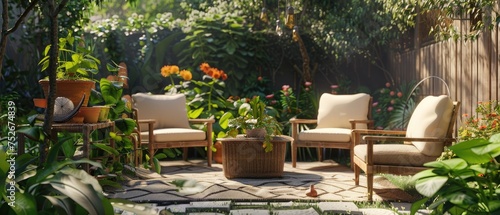 3D Rendering of outdoor garden furniture scene. 3D illustration showing a garden or outdoor scene with furniture.