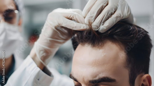 Physician indicating a young man s forehead with a hair loss issue against a grey background  close-up.