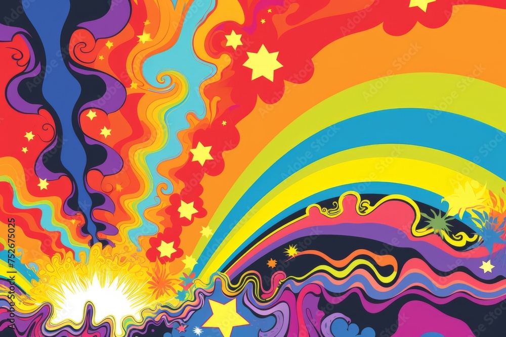 Create a psychedelic experience with a groovy 70s background, featuring trippy patterns, tie-dye, and retro design elements, Generative AI