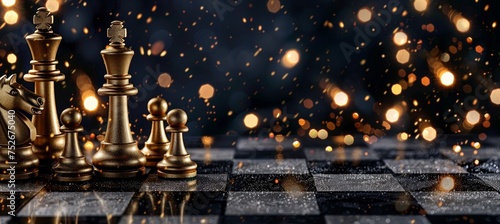 Golden chess pieces on board with festive bokeh lights strategic gameplay concept with copy space