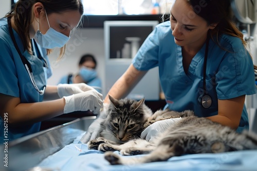 Two Female Vets Examining Cats in a Veterinary Office, To show the professionalism, care, and expertise of veterinarians in a soothing and peaceful