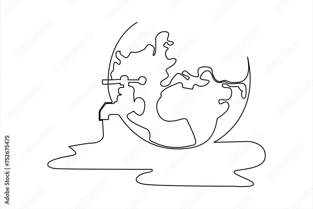 Continuous one line drawing of earth water. World water day concept isolated.outline vector art illustration. Continuous one line drawing of earth water. World water day concept isolated.outline vector art illustration.