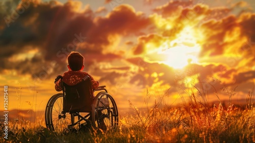 A child in a wheelchair awestruck by the stunning sunrise in nature