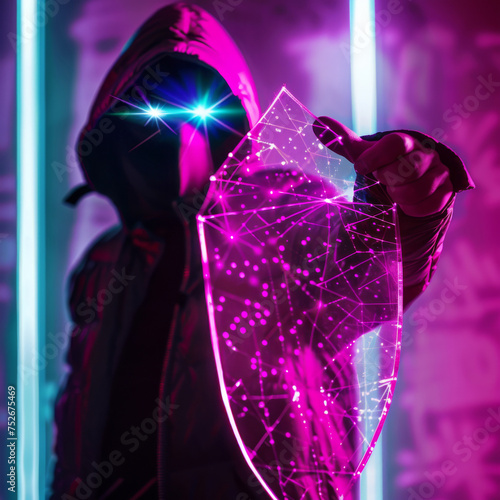 Hacker with a neon pastel shield deflecting cyber attacks with a gesture safeguarding realms of data photo