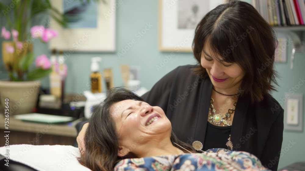 The final image shows the patient and practitioner bidding goodbye with the patient expressing their gratitude and satisfaction with their first acupuncture therapy session. The final image shows the patient and practitioner bidding goodbye with the patient expressing their gratitude and satisfaction with their first acupuncture therapy session.