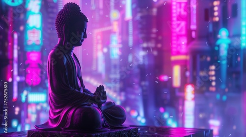 The serene world of Zen Buddha captured against the vibrant complexity of a digital matrix a new era of Buddhist art © Sirisook
