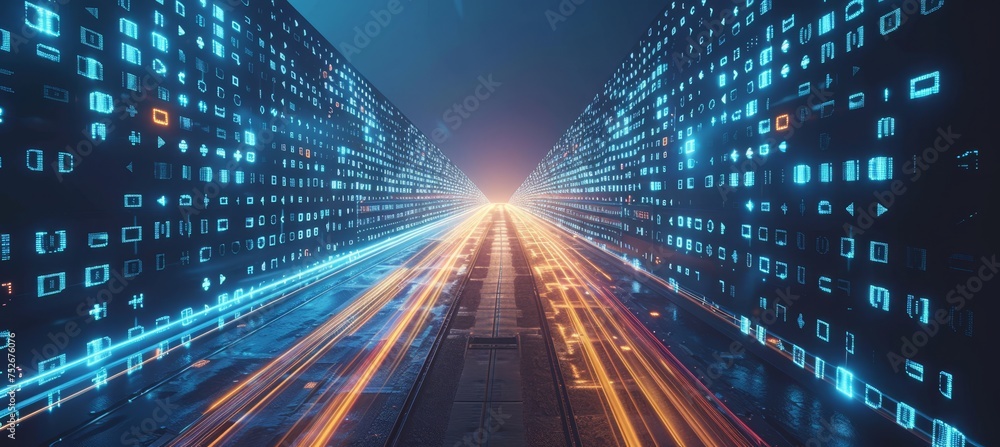 Binary code and encryption concept with glowing dots on pixelated digital interface background Binary code and encryption concept with glowing dots on pixelated digital interface background