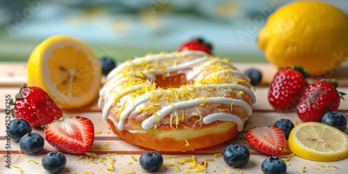Sumptuous lemon-glazed donut with zesty toppings surrounded by fresh berries and citrus fruits on a striped board