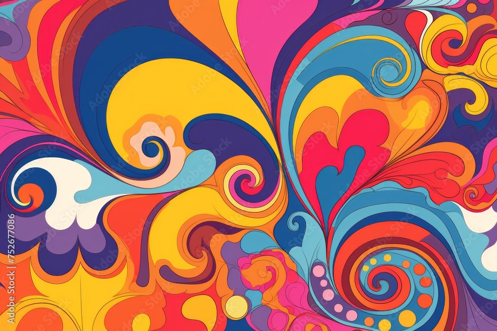 Retro revival in a groovy 70s background, featuring tie-dye swirls, psychedelic shapes, and a kaleidoscope of vibrant hues, Generative AI Retro revival in a groovy 70s background, featuring tie-dye swirls, psychedelic shapes, and a kaleidoscope of vibrant hues, Generative AI