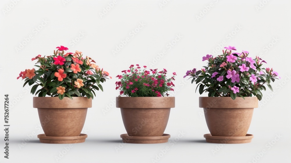 3 sets of flower pots, white background.