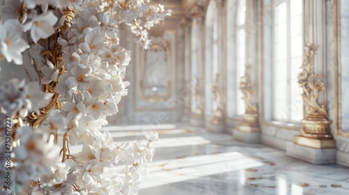 The interior is decorated with intricate marble and gold accents. Baroque elegance and flowers