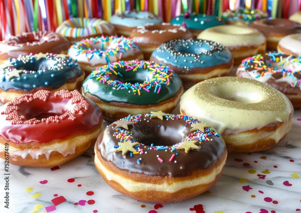 Freshly baked and decorated donuts with glossy icing and sprinkles, ready to be the highlight of any dessert table Freshly baked and decorated donuts with glossy icing and sprinkles, ready to be the highlight of any dessert table