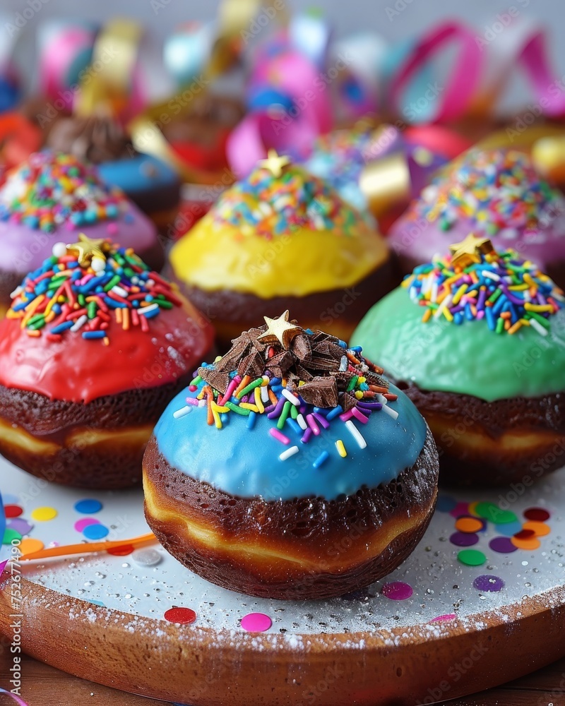 Mouthwatering gourmet donuts with vibrant multi-colored icing and chocolate sprinkles, served on a wooden plate for a festive event