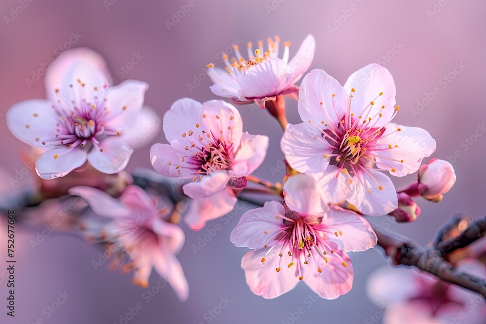 Close-up of a cherry blossom branch with delicate pink flowers against a soft pink background