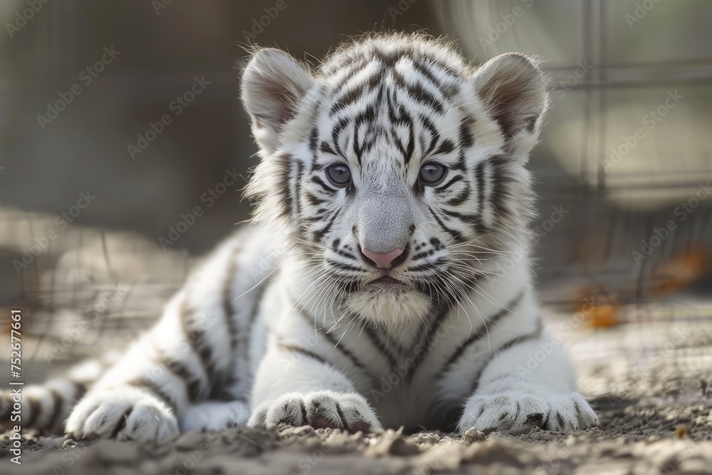 Adorable white tiger cub with striking stripes lying down with a soft gaze Adorable white tiger cub with striking stripes lying down with a soft gaze