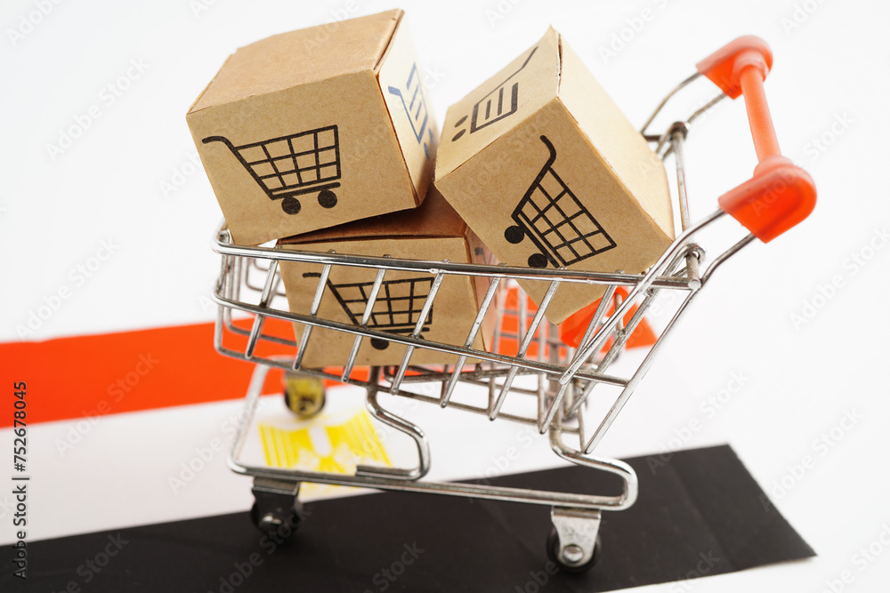 Online shopping, Shopping cart box on EU European Union flag, import export, finance commerce.