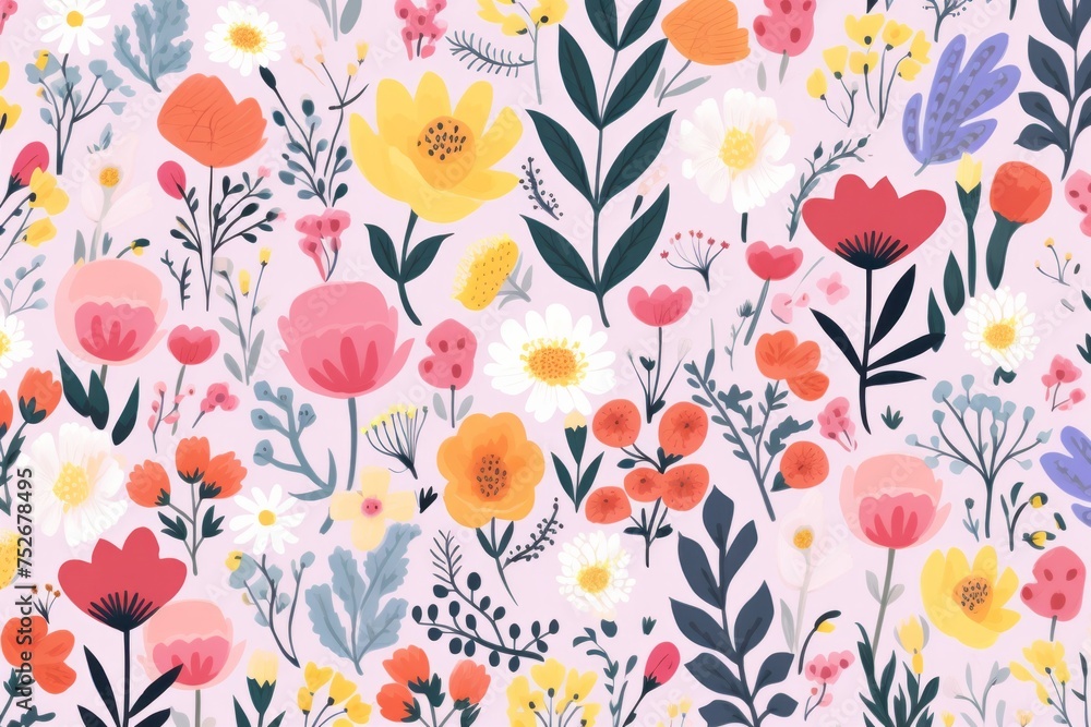 A picturesque and charming spring flower pattern background, featuring an array of blooms in a delightful and whimsical arrangement, Generative AI