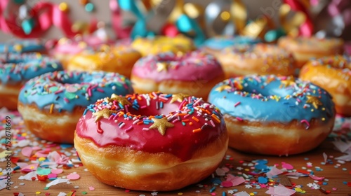 Delectable donuts with a variety of colorful icings and toppings, set against a blurred background of festive party decorations