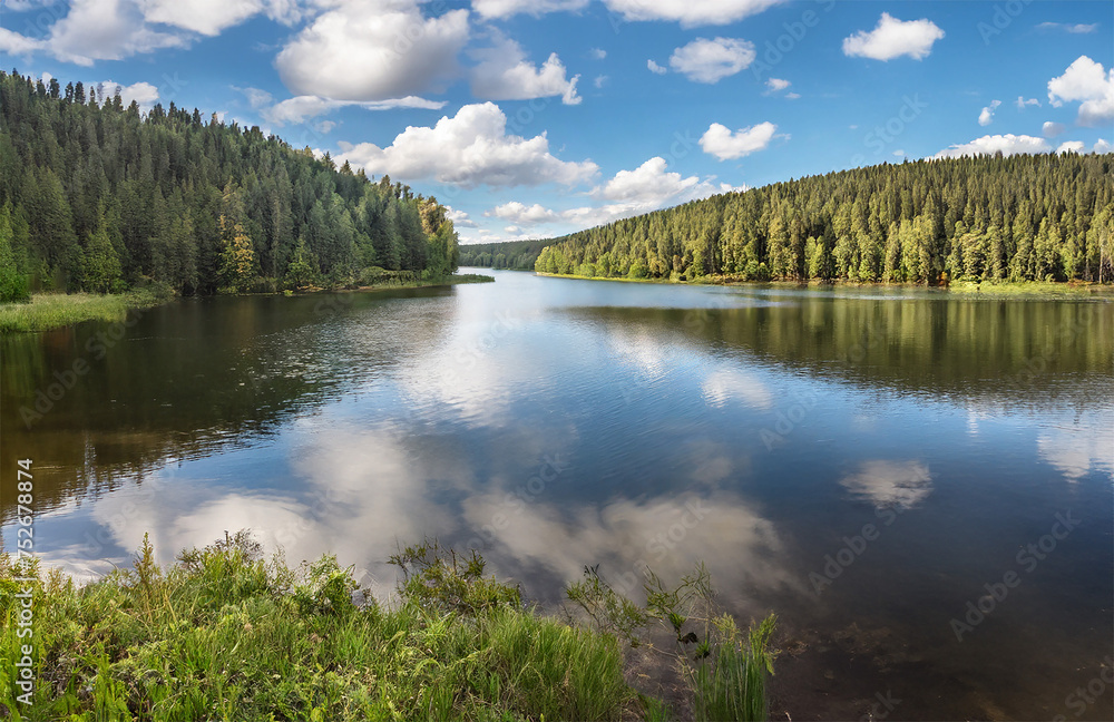 Fototapeta premium Landscape with mountain lake and pine forest. Russia, Siberia, Altai mountains.