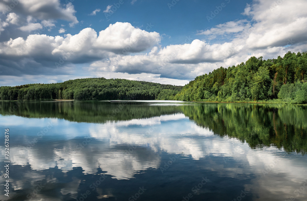 Beautiful summer landscape with lake, forest and clouds reflected in water