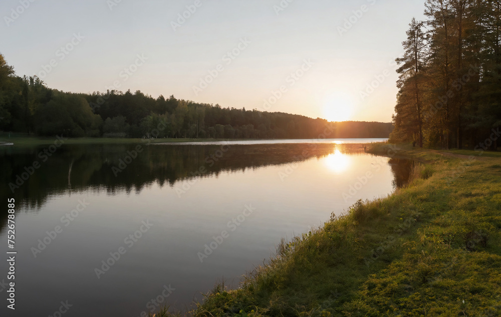 Sunset on the lake in the woods. Summer landscape. Russia.