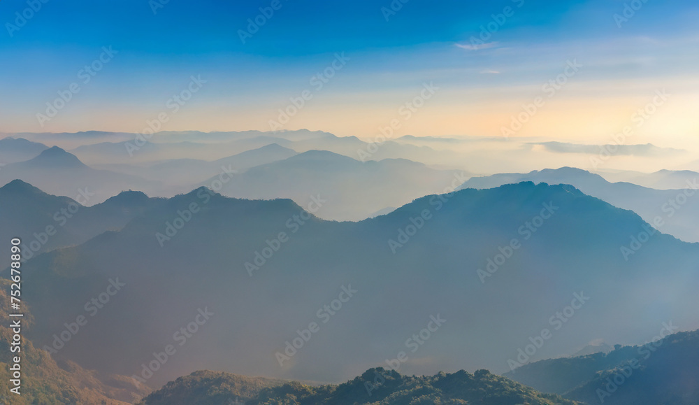 Beautiful landscape of mountain and fog in the morning at Doi Ang Khang, Chiang Mai, Thailand