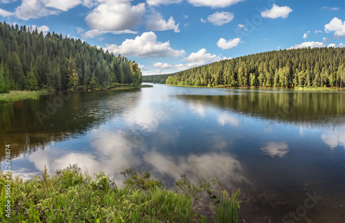 Landscape with mountain lake and pine forest. Russia, Siberia, Altai mountains.