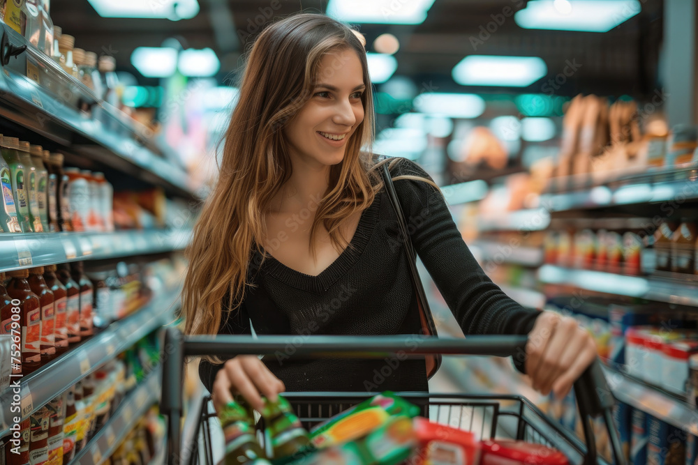 Happy woman pushes shopping cart while buying groceries in supermarket