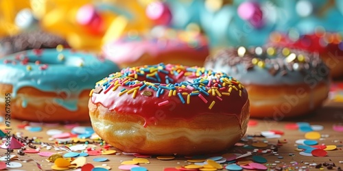 Close-up of a colorful donut with multi-colored sprinkles on a confetti-strewn surface, symbolizing celebration and sweet indulgence