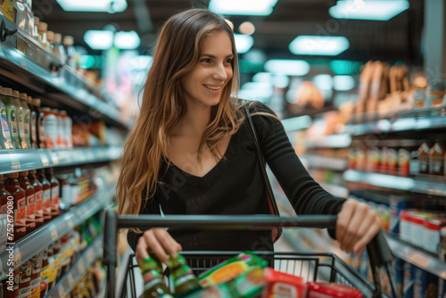 Happy woman pushes shopping cart while buying groceries in supermarket