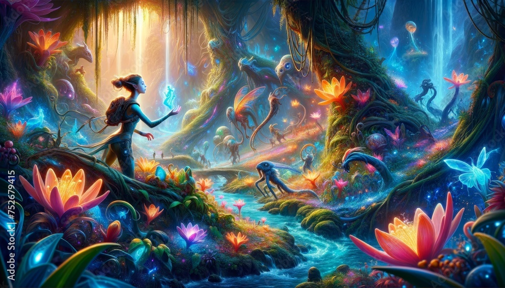Fantasy Forest with Magical Creatures and Luminous Plants
