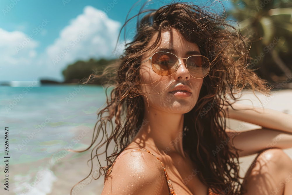 social media influencer woman wearing a bikini on sunny beach