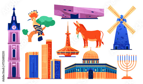 Israel National Values - flat design style objects set. High quality images of Jaffa clock tower, Eilat Underwater Observatory, Tel Aviv Museum of Fine Arts, Al-Aqsa Mosque, Montefiore Windmill