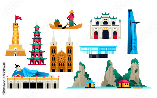Sights of Vietnam - flat design style objects set. High quality colorful images of Flag tower in Hanoi, Bitexco tower, Thien Mu and Som Rong Pagoda, Notre Dame in Ho Chi Minh and Marble mountains