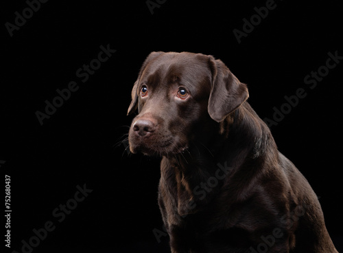 A contemplative chocolate Labrador dog gazes into the distance on a stark black backdrop © annaav