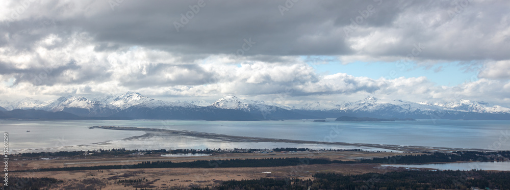 Panorama aerial sea landscape view of Homer Spit in Kachemak Bay in Alaska United States