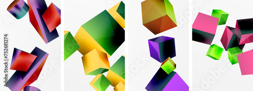 Flying 3d shapes, cubes and other geometric elements background design for wallpaper, business card, cover, poster, banner, brochure, header, website